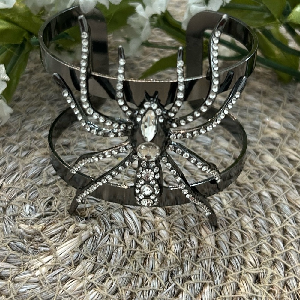 Natasha Rhinestone Spider Cuff Bracelet - Gunmetal Crystal